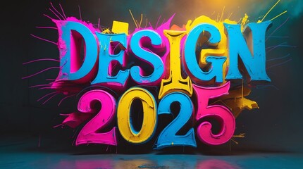 Colorful 3D text displaying "DESIGN 2025" with vibrant splashes of paint.