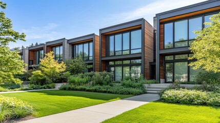 Naklejka premium Modern twin houses with large glass windows, lush green gardens, and a concrete pathway leading to the entrance. Bright sunny day with clear blue skies.