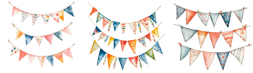 Fototapeta premium A set of colorful watercolor bunting flags, festive party decorations, hand-painted illustration for celebrations and creative design projects.