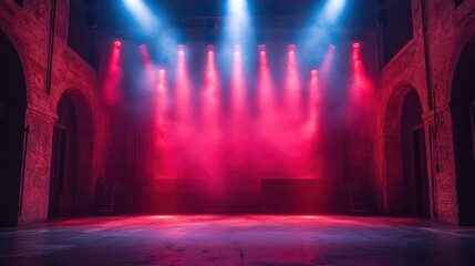 Empty stage with red and blue spotlights and smoke.