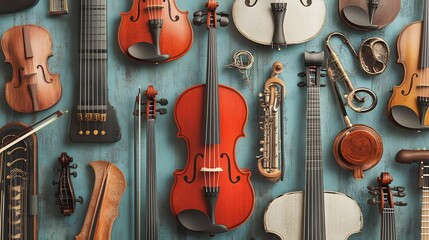 Naklejka premium Antique Stringed Instruments Arranged on a Blue Background