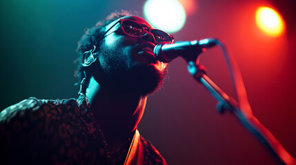 Moody portrait of a musician with glowing skin illuminated by stage lights.