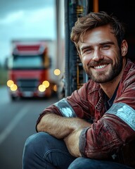 Obraz premium Smiling Caucasian male truck driver sitting by his truck in a cheerful mood.