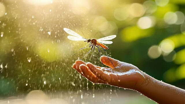 insects on a child's hand close-up. Selective focus