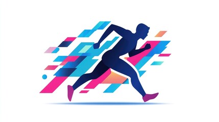 Abstract illustration of a runner in motion, dynamic pose, vibrant colors, speed, energy, competition.