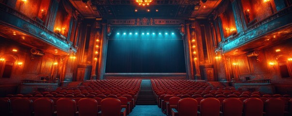 Obraz premium Empty theater auditorium with stage lights and red seats.