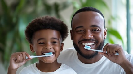 People brushing their teeth together, a father and son reviewing their smile after brushing, reflecting the importance of family hygiene in a modern bathroom.