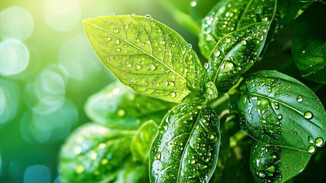 close-up of drops on basil. Selective focus