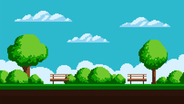 Pixel art game background with trees, ground, grass, sky and clouds. vector eps 10