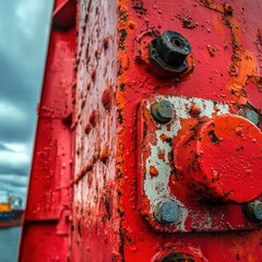 Close-up of a weathered red metal structure with rust and bolts.