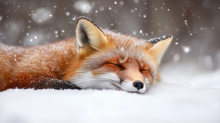 Red Fox Peacefully Sleeping in the Snow with Falling Snowflakes