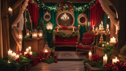 Vintage-Inspired Cozy Holiday Room with Velvet Drapes and Antique Furnishings