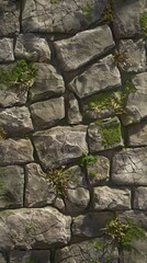 Ancient Stone Wall Texture: Rustic Grey Rocks with Moss and Plants