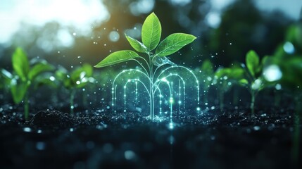 Educational Visual Diagram of Plant Growth Process with Sparkling Effects and Fresh Green Leaves in Soft Natural Light Environment