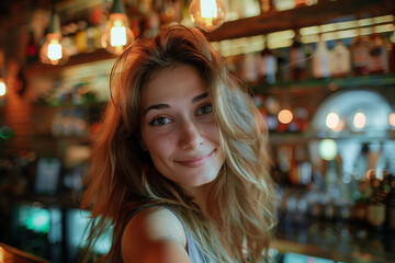 Obraz premium Ai generated image of happy woman enjoying weekend in pub
