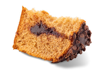 Slice of panettone filled with chocolate cream and covered with chocolate and praline, isolated