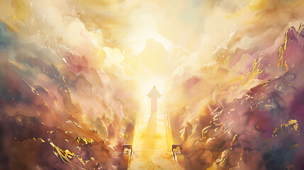 Fototapeta premium A peaceful watercolor image of Jesus Christ welcoming people to heaven, with golden gates and radiant light blending into soft tones