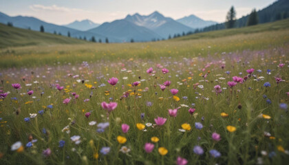 Obraz premium Vibrant Wildflower Meadow in the Alpine Mountains on a Sunny Day