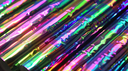 A close-up of shimmering holographic foil reflecting rainbow hues, ideal for futuristic and vibrant backgrounds