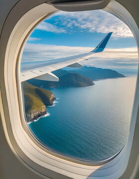 Vistas panoramicas de mar y monta&ntilde;as a traves de la ventanilla de un avion de pasajeros en vuelo