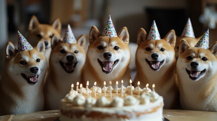 Shiba Inu dogs gathered around a birthday cake, wearing party hats and looking excited, celebrating the joy of friendship with the cheerful Shiba Inu dogs.