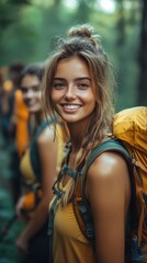 Naklejka premium A group of young hikers enjoying nature, smiling and ready for an adventure in the forest.