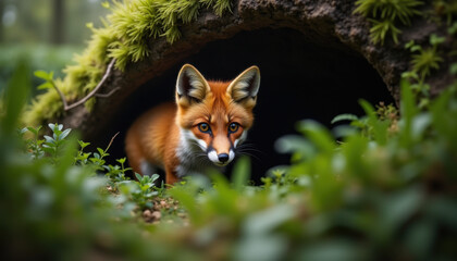 Red fox emerging from its den surrounded by lush greenery, curious expression, serene forest environment, wildlife moment, copy space