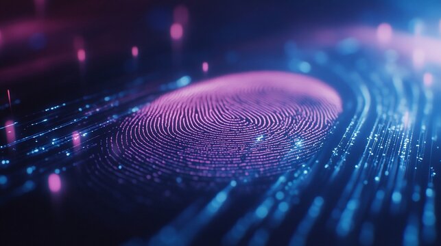 Abstract digital fingerprint glowing in neon pink and blue, representing cybersecurity and biometrics.