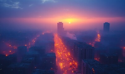 Fototapeta premium A breathtaking urban sunset casting a warm glow over a misty city skyline.