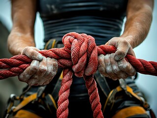 Close-up of a muscular male climber's hands gripping a red rope tightly, showing strength.