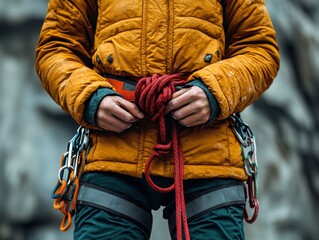 A female climber in an orange jacket secures her harness before ascending the rocky wall.
