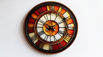Naklejka premium A round wall clock with Roman numerals, an orange and white abstract center, and a black metal frame.