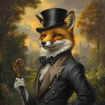 Elegant fox portrait in formal attire with top hat and cane in a serene outdoor setting at sunset. Generative AI