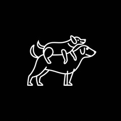 Two playful dogs depicted in minimalist line art on a black background.