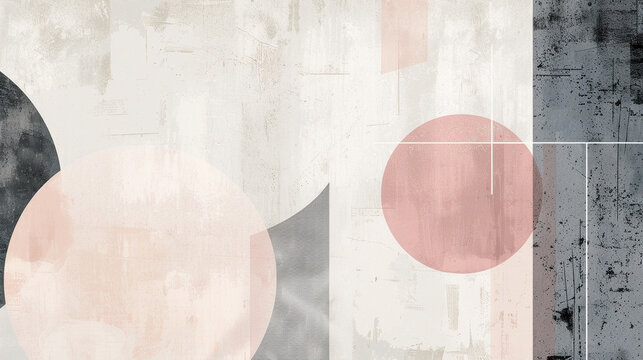 A minimalist abstract design with scattered geometric shapes in muted tones of gray, beige, and blush pink, offering a clean, modern look