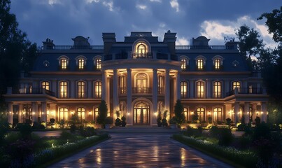 Naklejka premium A grand mansion beautifully illuminated during twilight