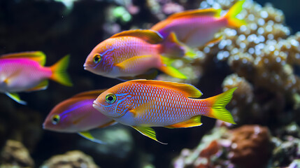 Fototapeta premium Cluster of colorful tropical fish in a vibrant coral reef, showcasing marine biodiversity.