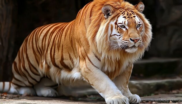 A captivating male liger showcasing its unique hybrid features.