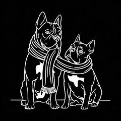 Two stylish dogs wearing a scarf, showcasing friendship and warmth in a playful design.