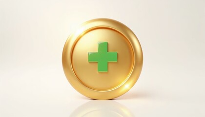 Obraz premium Golden emblem with green cross on white reflective background, symbolizing pharmacy, healthcare, and sustainability