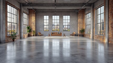 Spacious industrial-style interior with large windows and minimalist furniture.