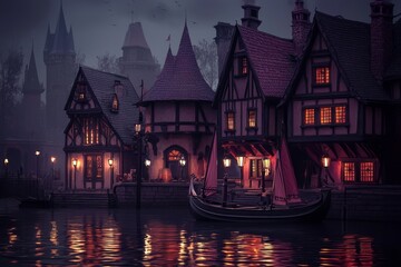 Fototapeta premium A mystical village illuminated by a myriad of lights at night.