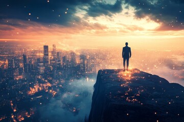 Fototapeta premium Silhouette stands atop cliff, overlooking glowing city at sunset.