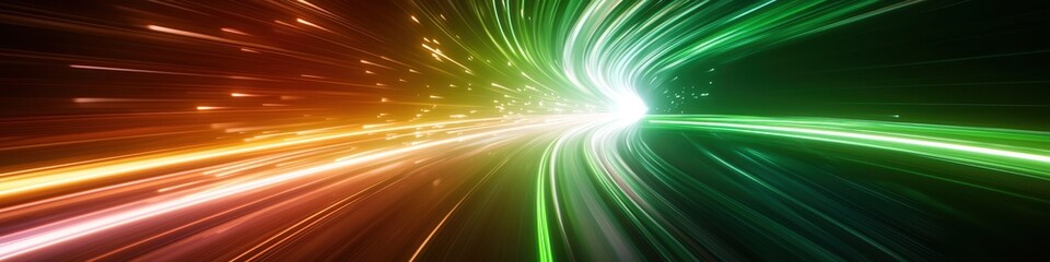 Fototapeta premium Abstract Speed of Light Bright Green and Orange Light Trails Futuristic Energy Background