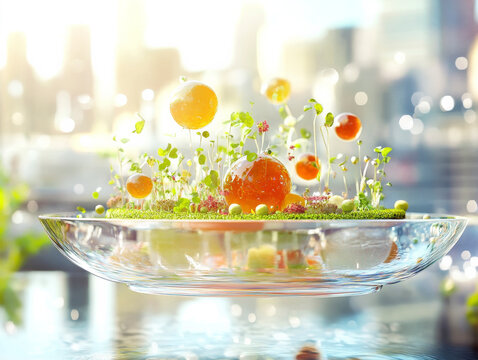 Hyper-realistic futuristic dish with floating edibles and vibrant colors.