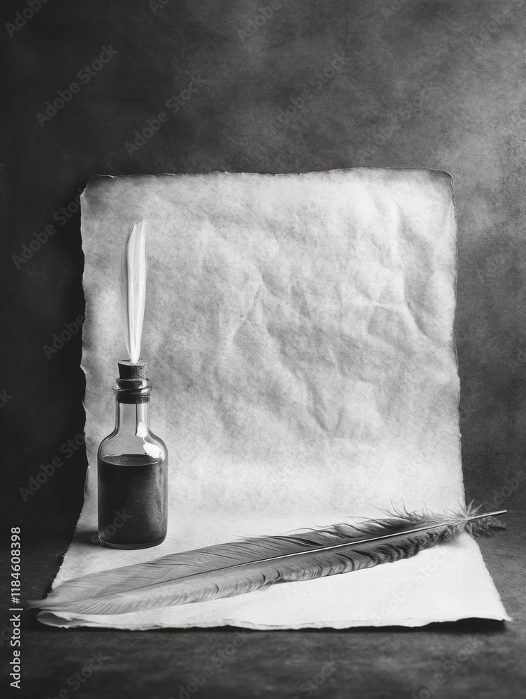 Aufkleber calligraphy tools including a feather quill, ink bottle, and textured parchment paper on a rustic su