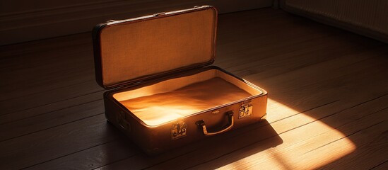 Open vintage suitcase on wooden floor in sunlight.