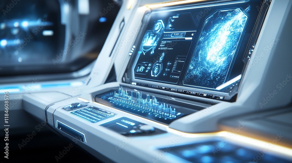 Wall mural futuristic spaceship control panel with holographic display showing data analysis.