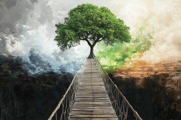 Wooden bridge, tree, chasm, diverse landscapes.