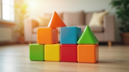 Fototapeta premium Multi-coloured plastic toy blocks in living room with sunlight - stock photo